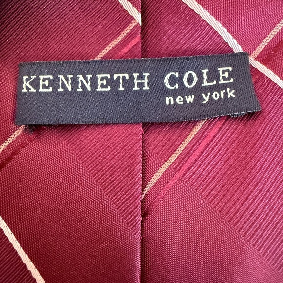 Kenneth Cole New York Men Silk Plaid Tie Hand Made Burgundy White Office Career - Picture 2 of 6